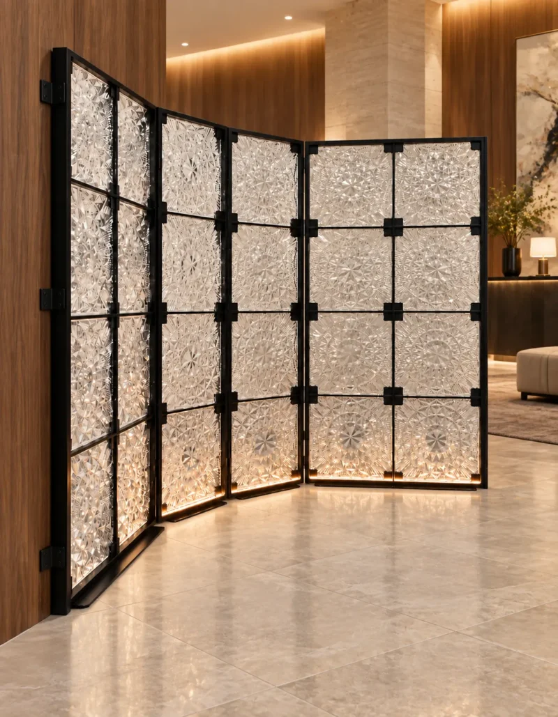 PrismFold Luxe folding premix glass partition with black frame