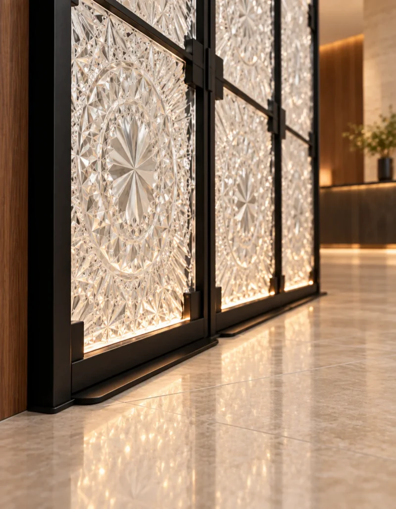 PrismFold Luxe folding premix glass partition with black frame