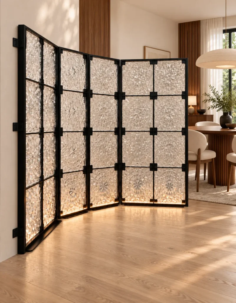 PrismFold Luxe folding premix glass partition with black frame