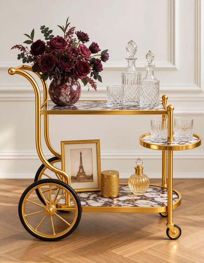 Regalia Wheel designer serving trolley with gold frame and large spoked wheel