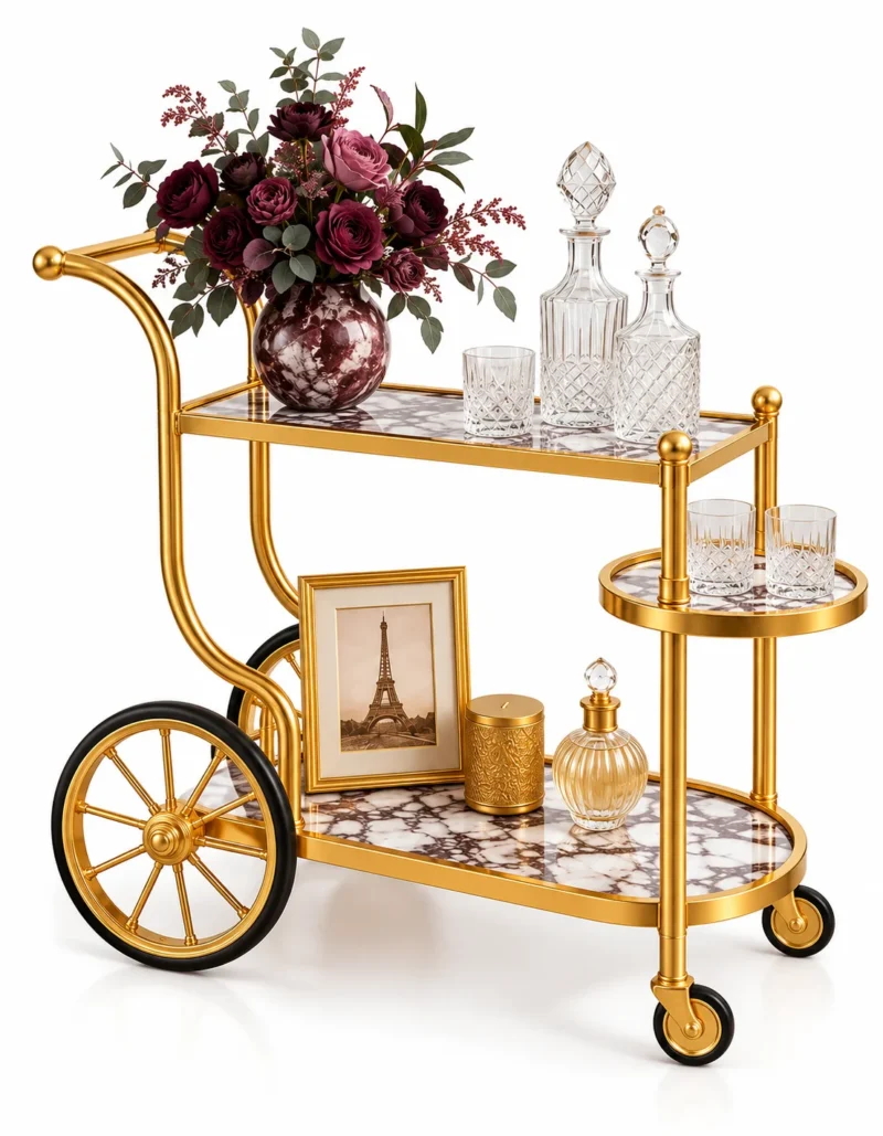 Regalia Wheel designer serving trolley with gold frame and large spoked wheel