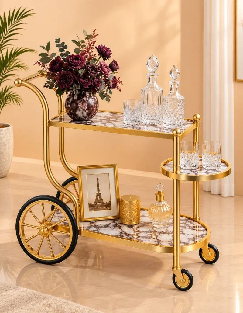 Regalia Wheel designer serving trolley with gold frame and large spoked wheel