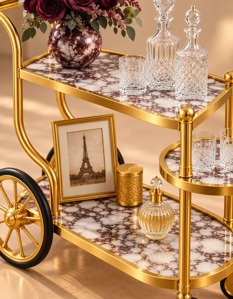 Regalia Wheel designer serving trolley with gold frame and large spoked wheel