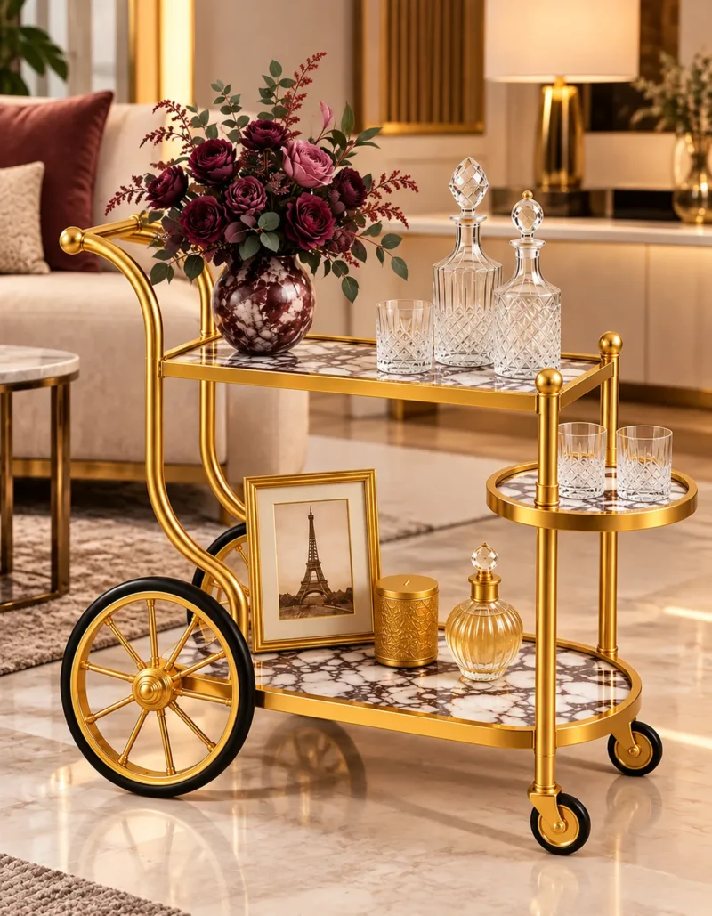 Regalia Wheel designer serving trolley with gold frame and large spoked wheel