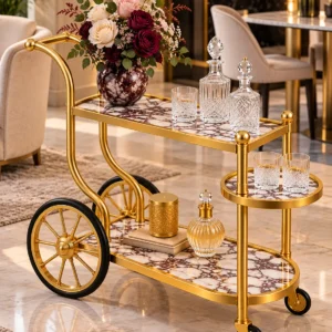 Regalia Wheel designer serving trolley with gold frame and large spoked wheel