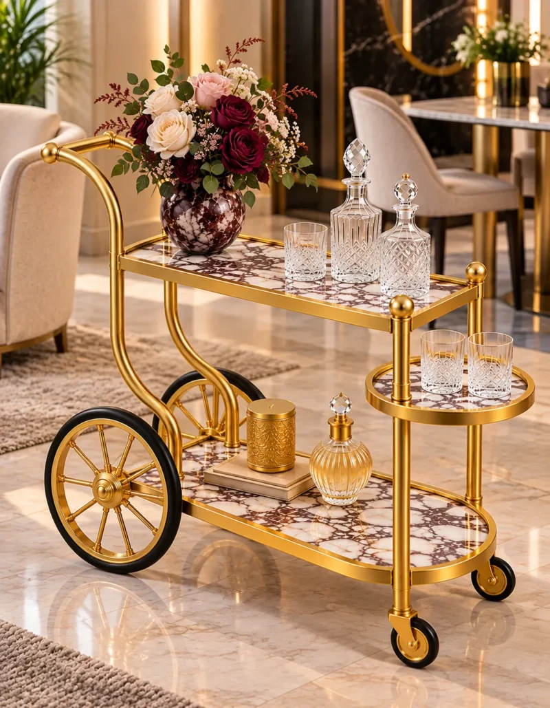 Regalia Wheel designer serving trolley with gold frame and large spoked wheel