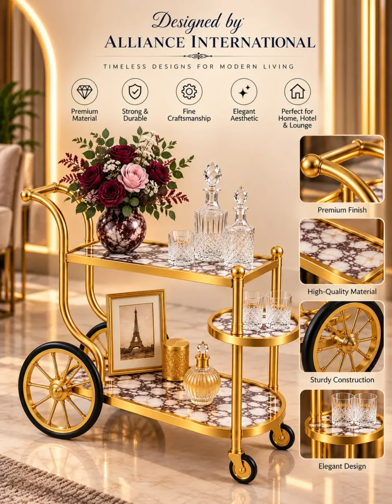 Regalia Wheel designer serving trolley with gold frame and large spoked wheel