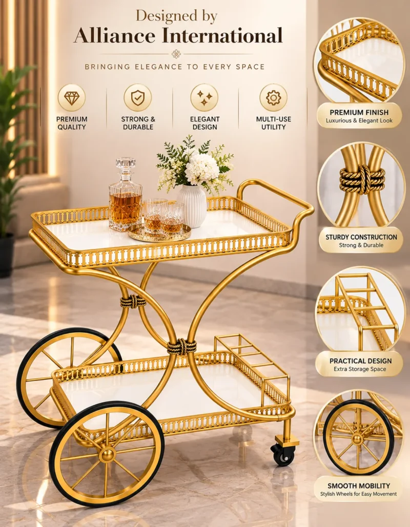 Regent Wheel 4 tier serving trolley with large spoked wheels and gold frame