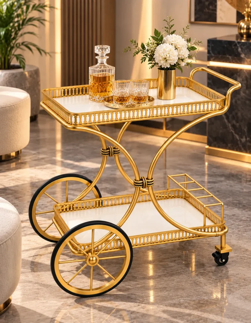 Regent Wheel 4 tier serving trolley with large spoked wheels and gold frame