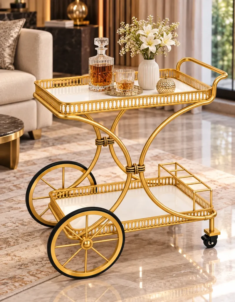 Regent Wheel 4 tier serving trolley with large spoked wheels and gold frame