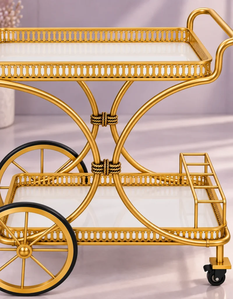Regent Wheel 4 tier serving trolley with large spoked wheels and gold frame