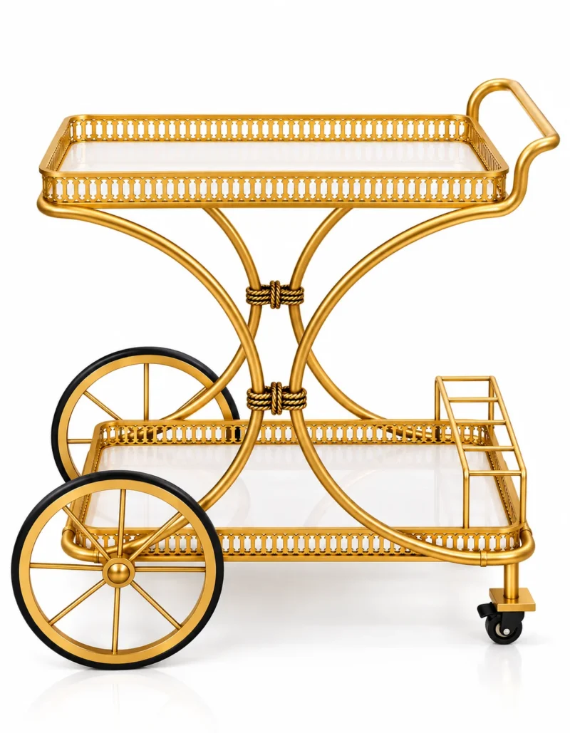 Regent Wheel 4 tier serving trolley with large spoked wheels and gold frame