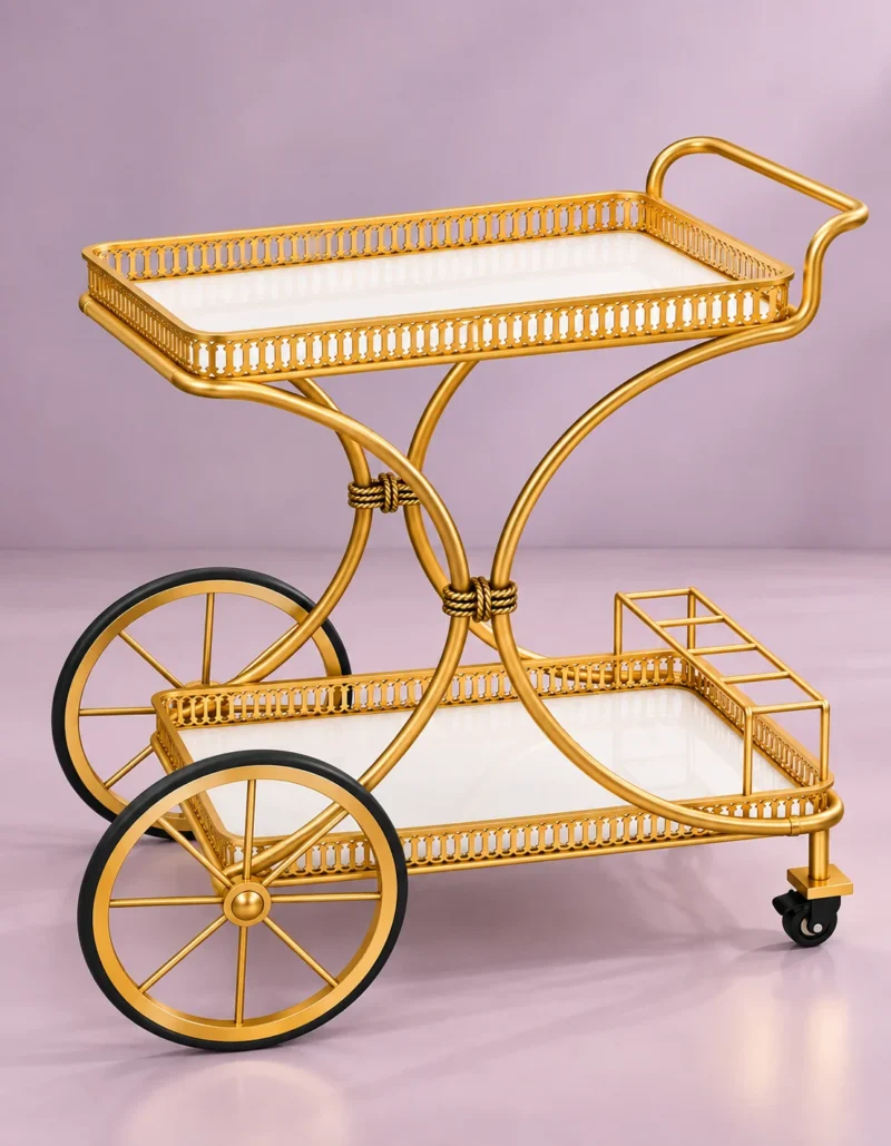 Regent Wheel 4 tier serving trolley with large spoked wheels and gold frame
