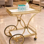 Regent Wheel 4 tier serving trolley with large spoked wheels and gold frame