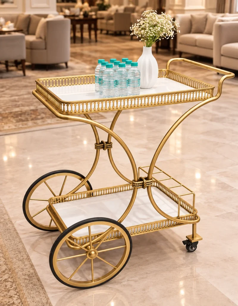 Regent Wheel 4 tier serving trolley with large spoked wheels and gold frame