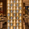 Ruby Drop decorative premix glass partition with Gold PVD grid