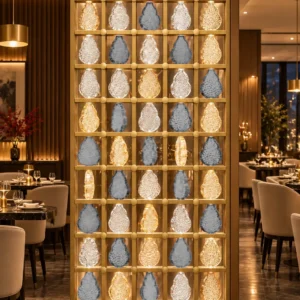 Ruby Drop decorative premix glass partition with Gold PVD grid