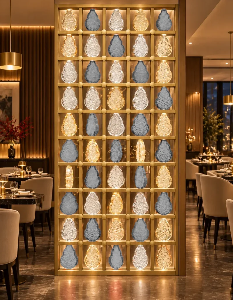 Ruby Drop decorative premix glass partition with Gold PVD grid
