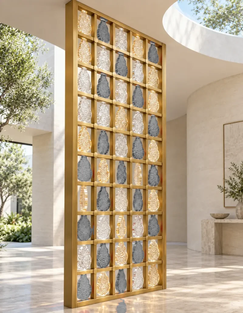 Ruby Drop decorative premix glass partition with Gold PVD grid