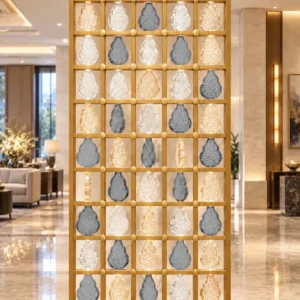 Ruby Drop decorative premix glass partition with Gold PVD grid