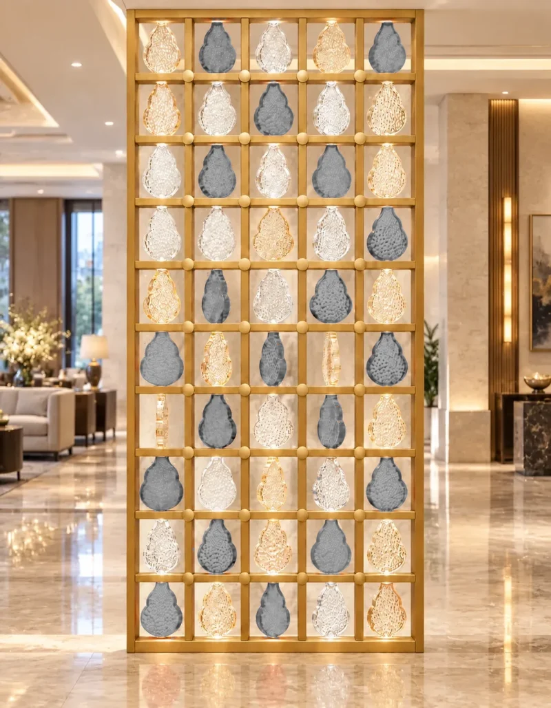 Ruby Drop decorative premix glass partition with Gold PVD grid