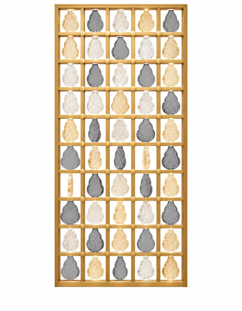 Ruby Drop decorative premix glass partition with Gold PVD grid