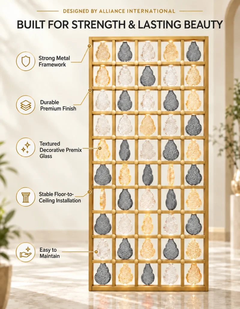 Ruby Drop decorative premix glass partition with Gold PVD grid