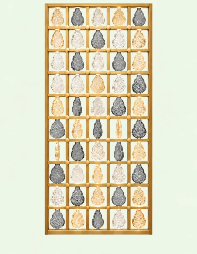 Ruby Drop decorative premix glass partition with Gold PVD grid