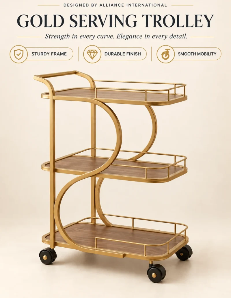 Serena Curve designer serving trolley for home with gold frame