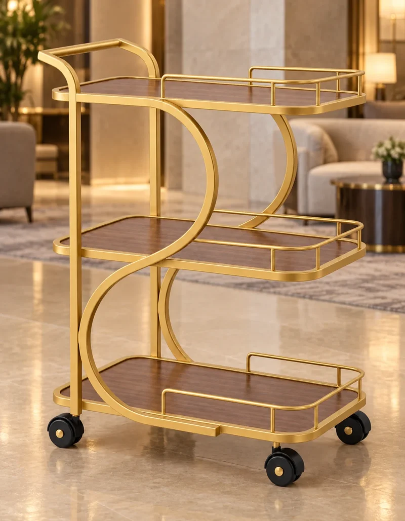 Serena Curve designer serving trolley for home with gold frame