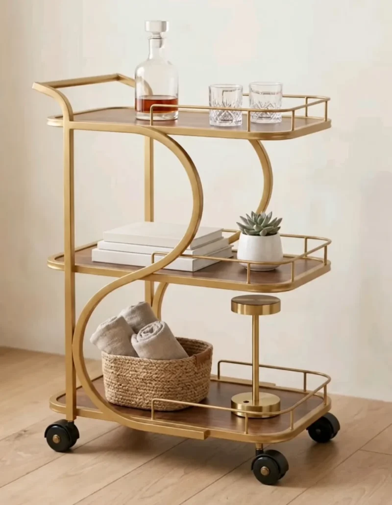 Serena Curve designer serving trolley for home with gold frame