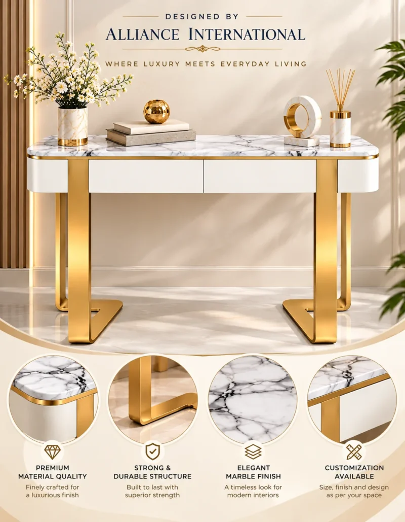 Serena Luxe marble console table with drawers, white top and gold frame