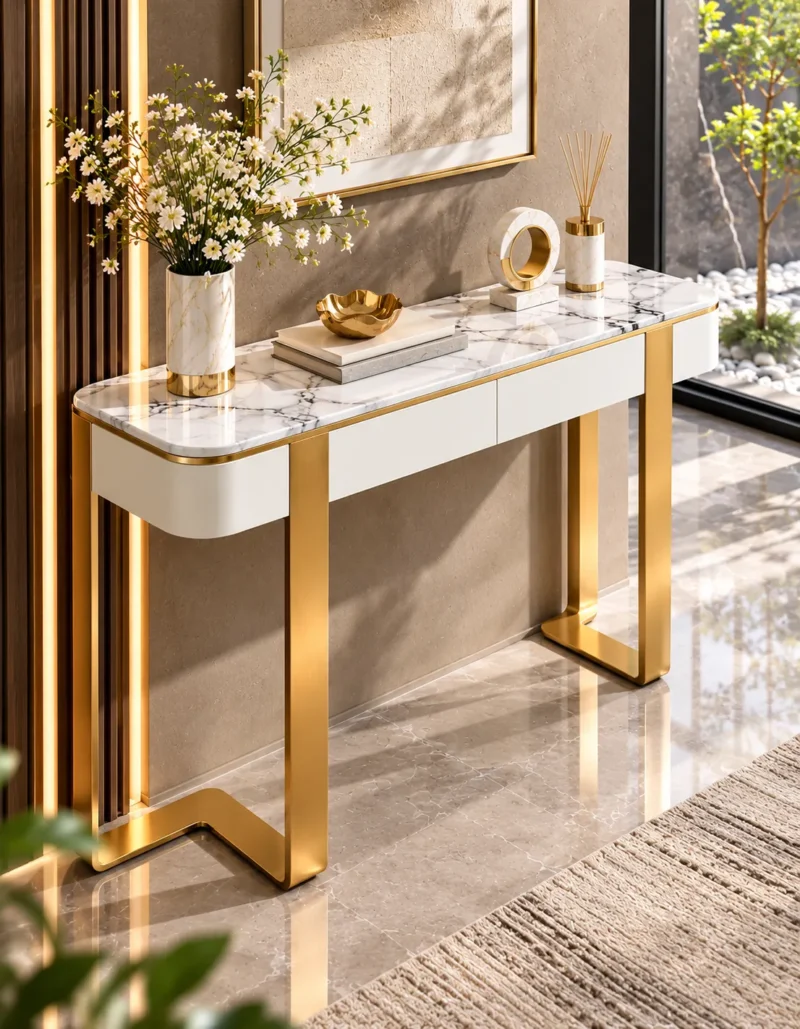 Serena Luxe marble console table with drawers, white top and gold frame