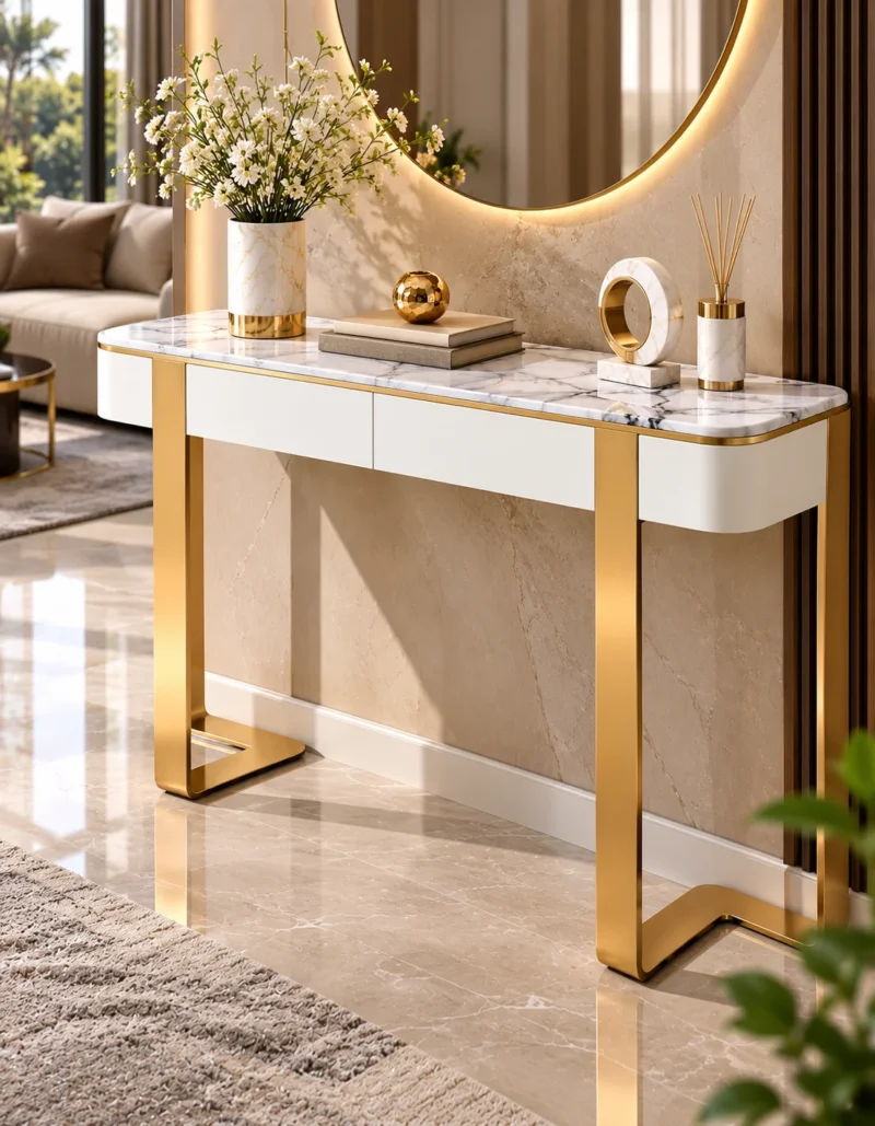 Serena Luxe marble console table with drawers, white top and gold frame
