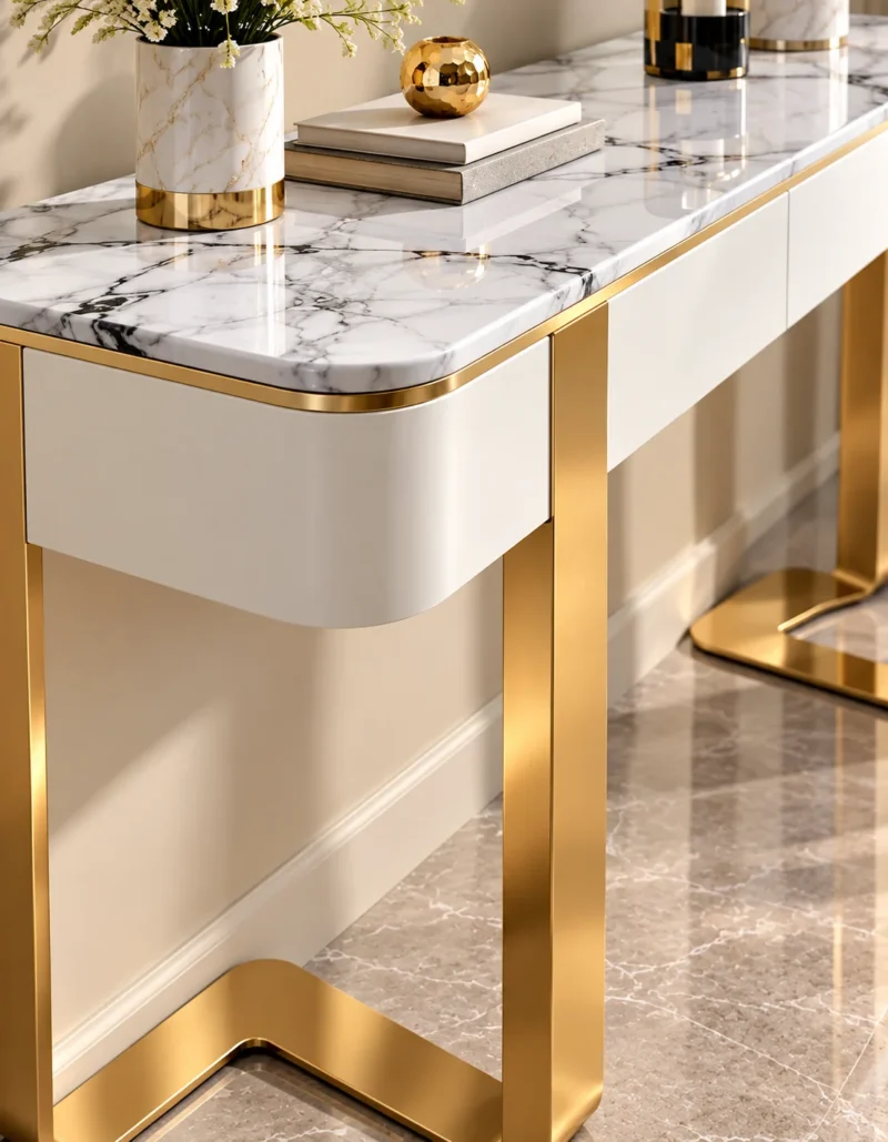 Serena Luxe marble console table with drawers, white top and gold frame