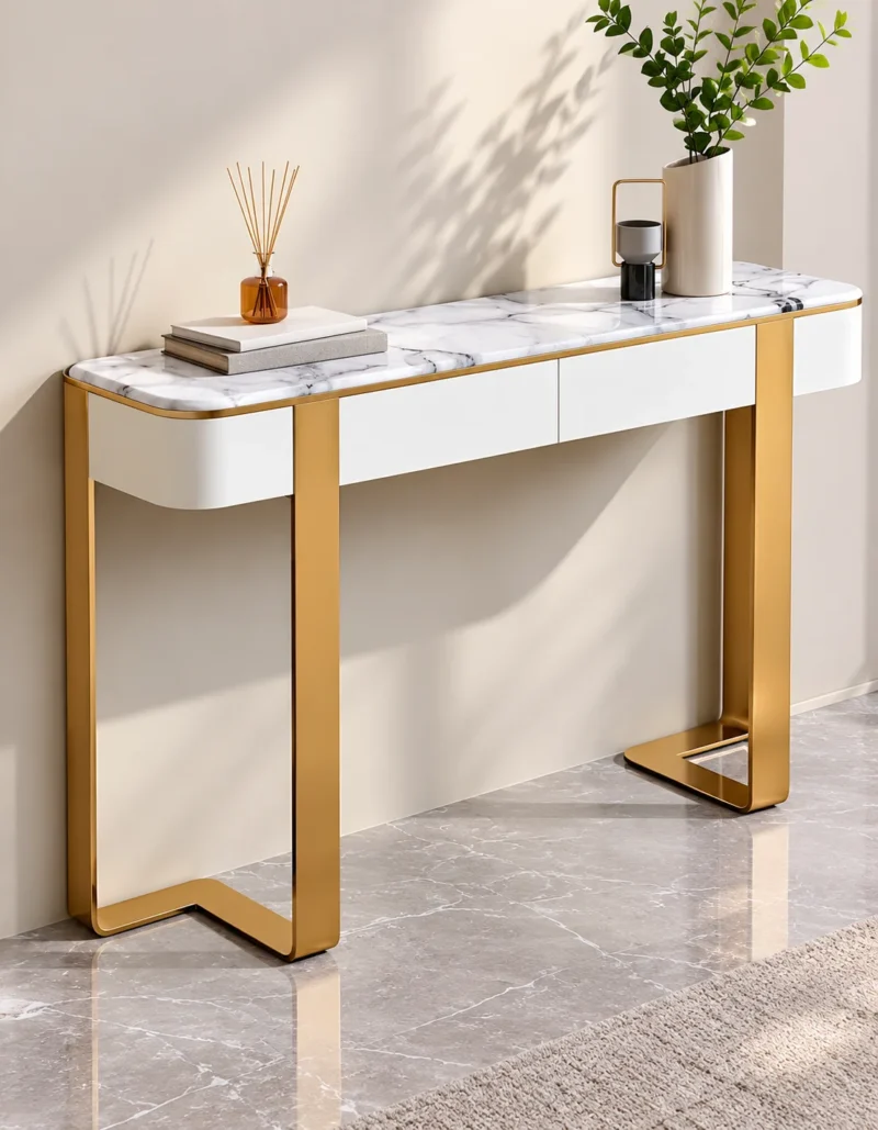 Serena Luxe marble console table with drawers, white top and gold frame