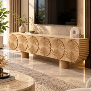 Solara Fan sunburst TV cabinet with storage and warm wooden-look finish