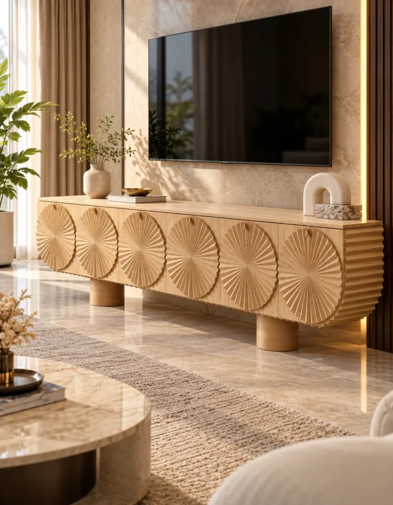 Solara Fan sunburst TV cabinet with storage and warm wooden-look finish