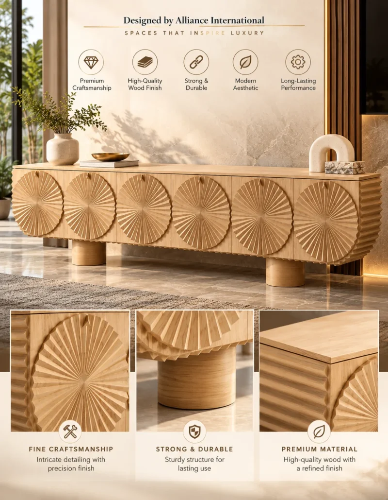 Solara Fan sunburst TV cabinet with storage and warm wooden-look finish