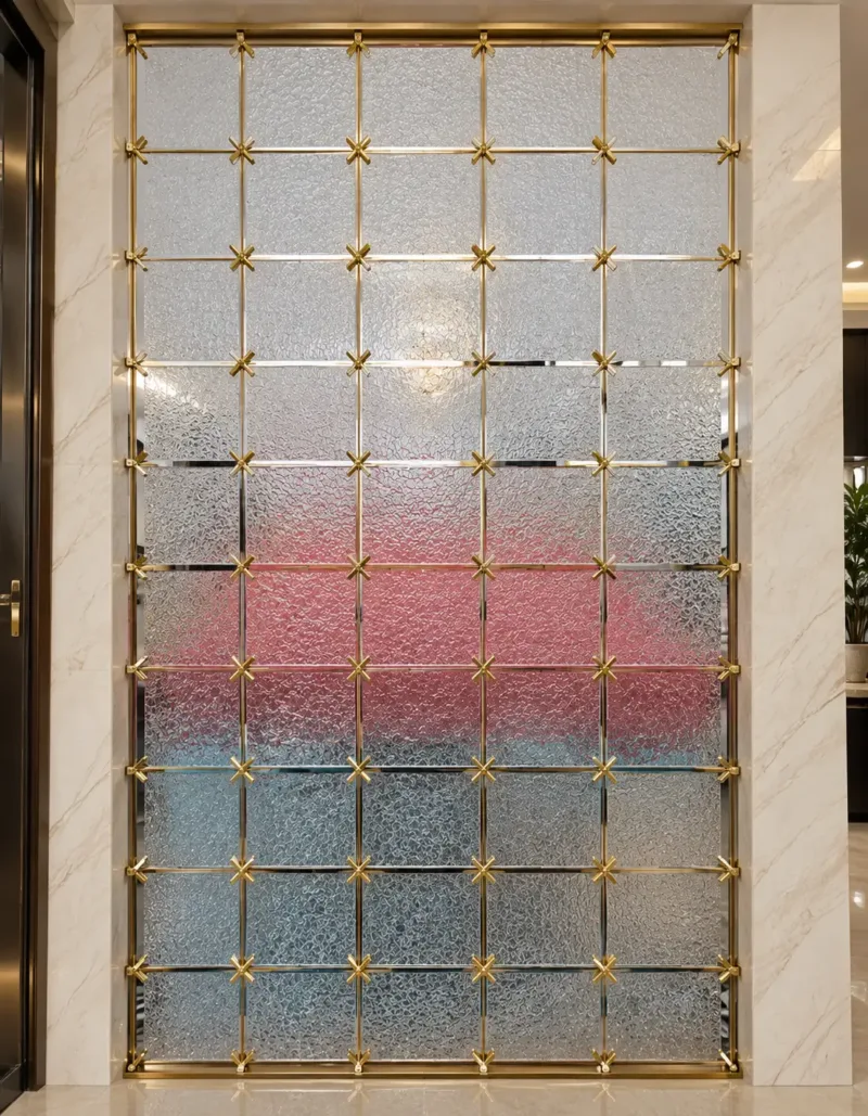 Stella Grid premix glass partition with Gold PVD frame