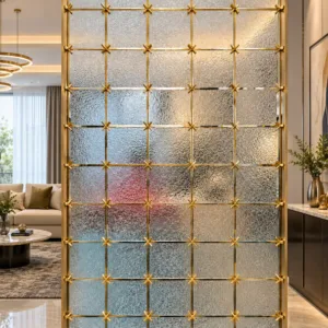 Stella Grid premix glass partition with Gold PVD frame