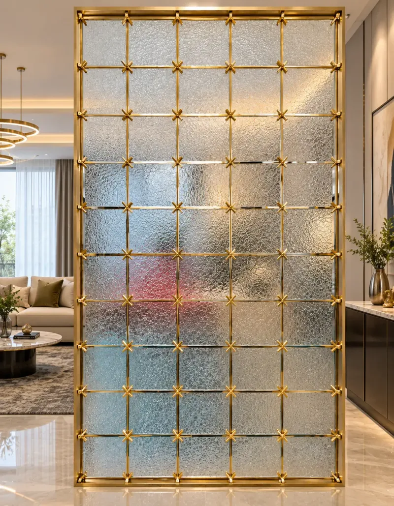 Stella Grid premix glass partition with Gold PVD frame