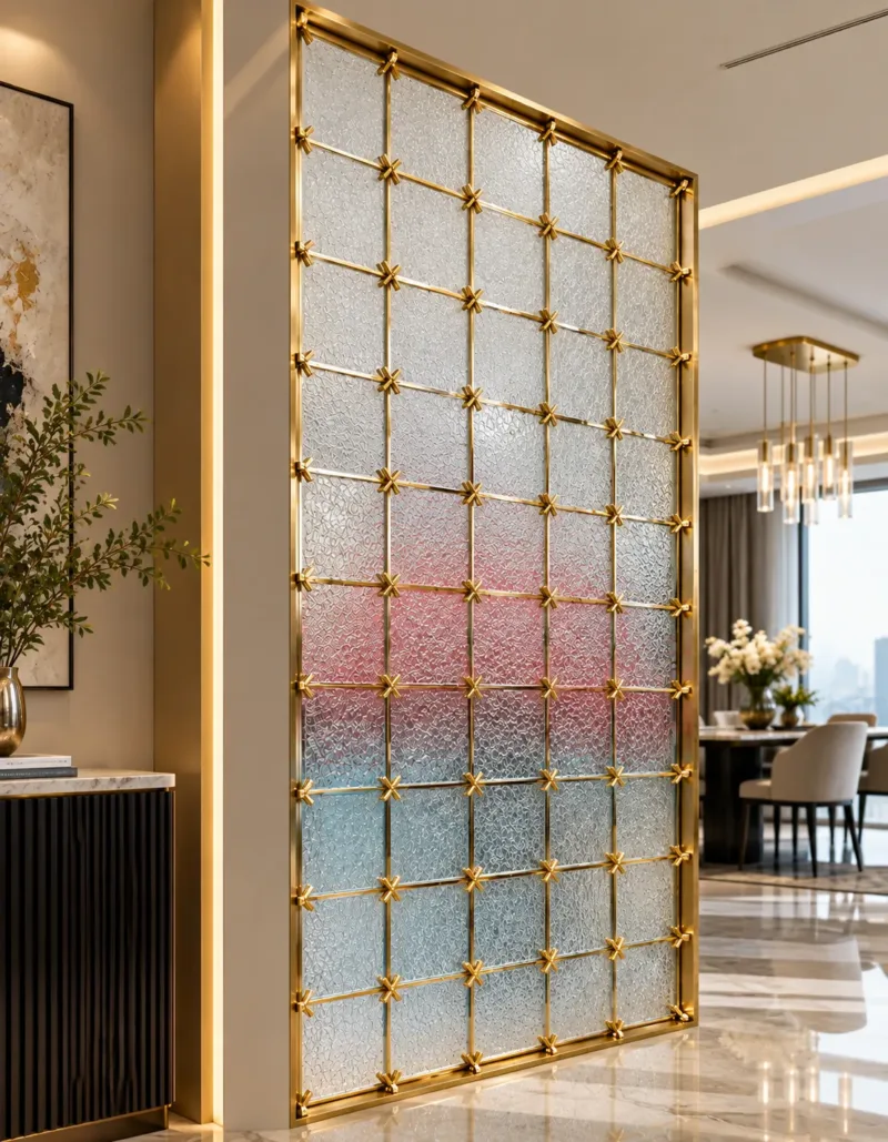 Stella Grid premix glass partition with Gold PVD frame