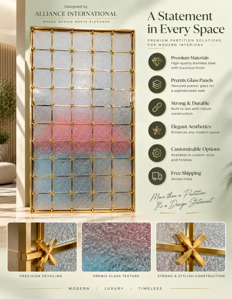 Stella Grid premix glass partition with Gold PVD frame