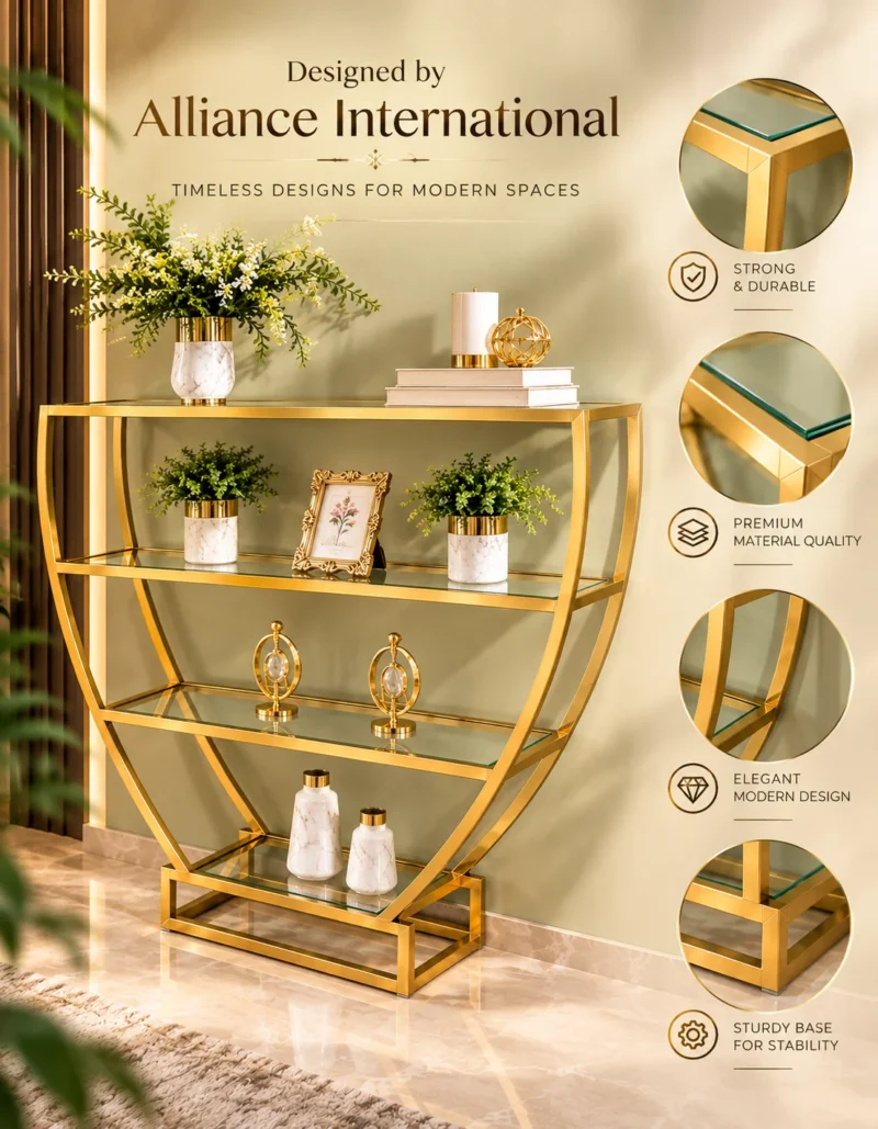 Velora hourglass cosmetic display rack with curved gold frame and three open shelves