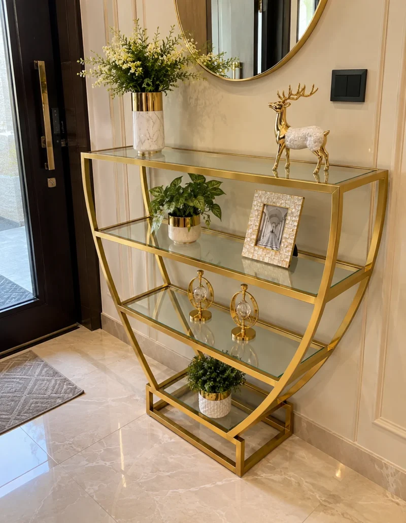 Velora hourglass cosmetic display rack with curved gold frame and three open shelves