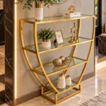 Velora hourglass cosmetic display rack with curved gold frame and three open shelves