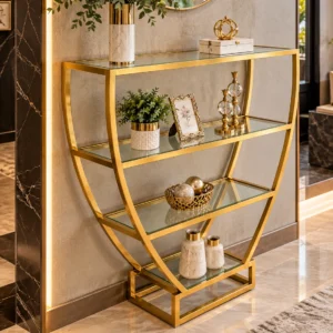 Velora hourglass cosmetic display rack with curved gold frame and three open shelves