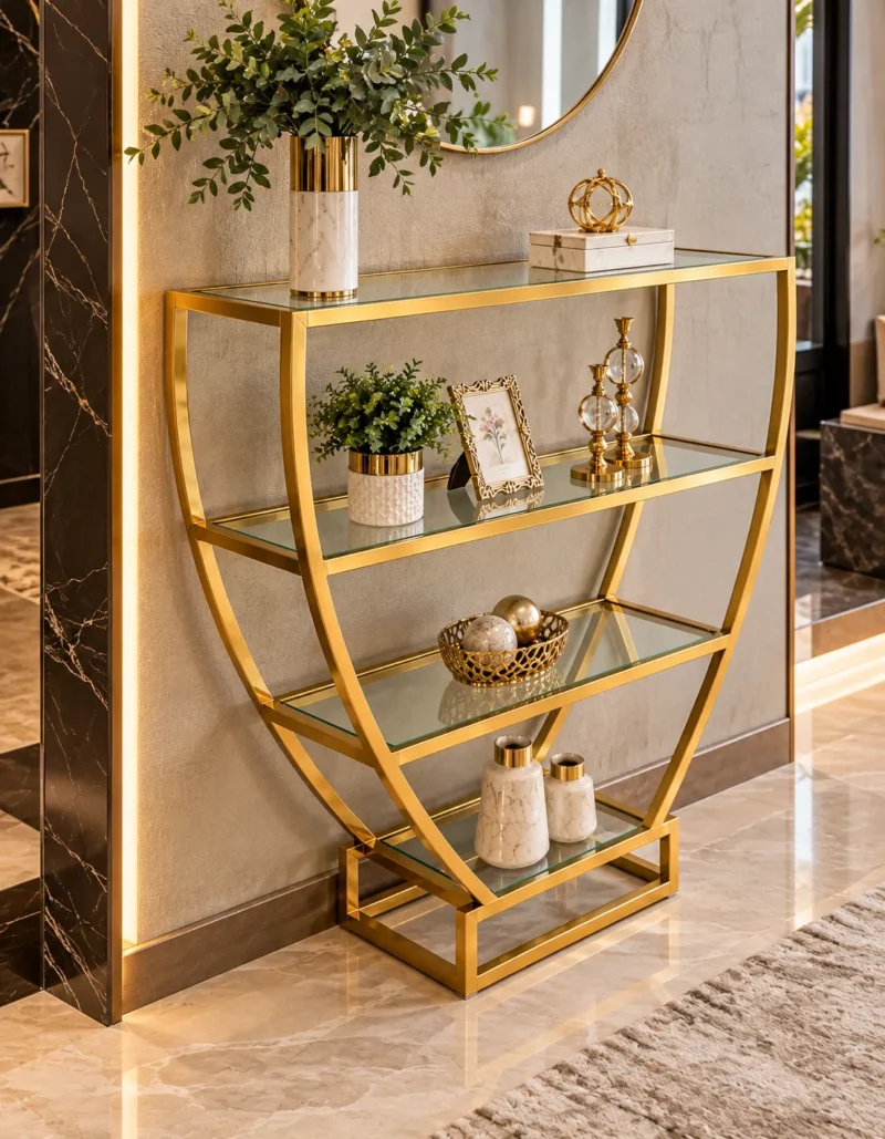 Velora hourglass cosmetic display rack with curved gold frame and three open shelves