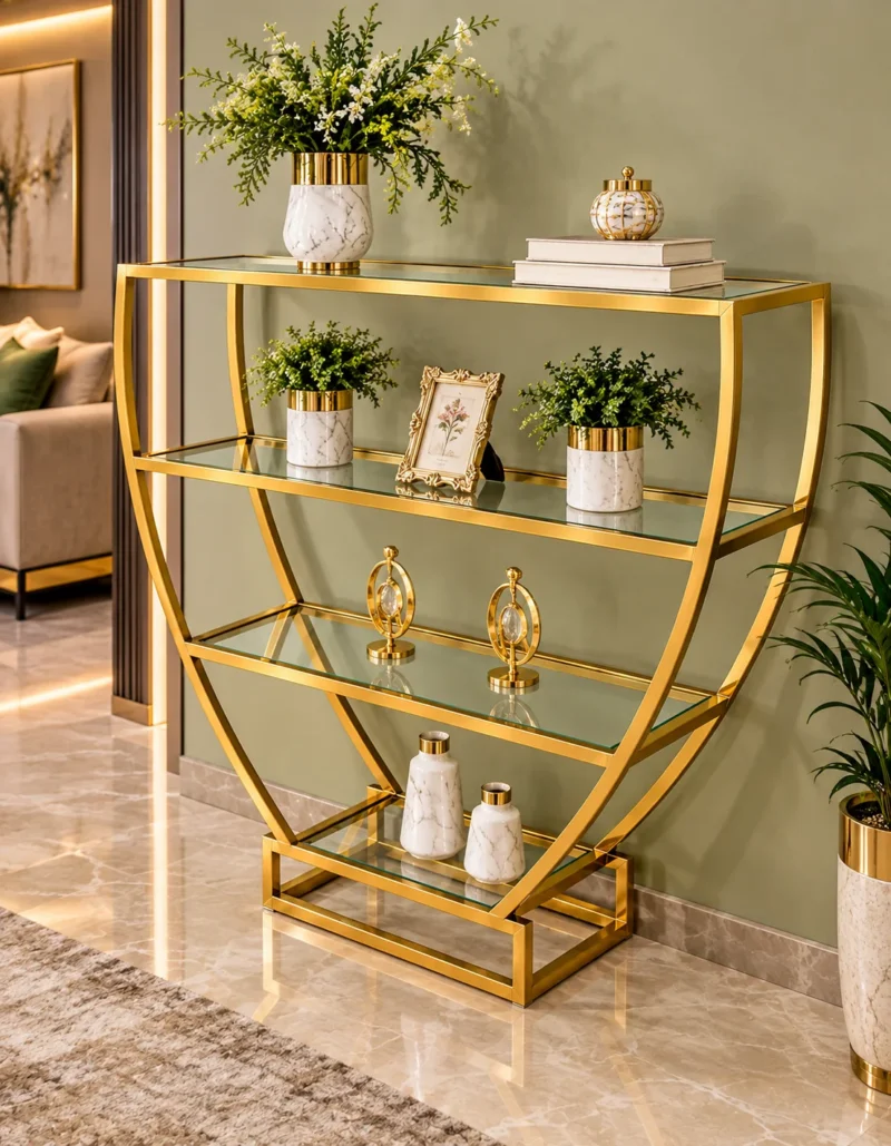 Velora hourglass cosmetic display rack with curved gold frame and three open shelves